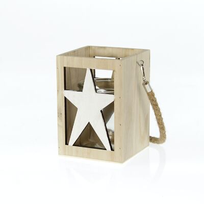 Wooden lantern star with handle, 12.5 x 12.5x18cm, natural/white, 786303