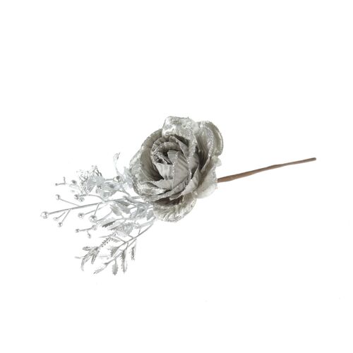 Kunststoff-Zweig Rose/Glitzer, 10 x 10 x 23 cm, silber, 797057