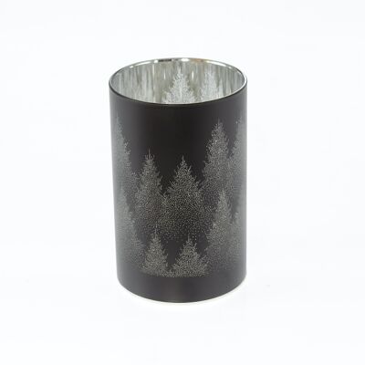 Cylindre en verre à LED motif forêt, 9 x 9 x 14 cm, noir, avec minuterie 6/18 heures, convient pour 3xAA, 781971