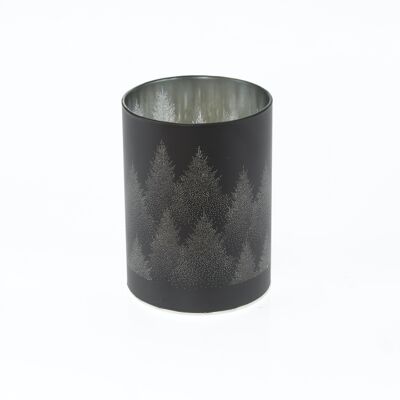 Cylindre en verre à LED motif forêt, 9 x 9 x 12 cm, noir, avec minuterie 6/18 heures, convient pour 3xAA, 781964