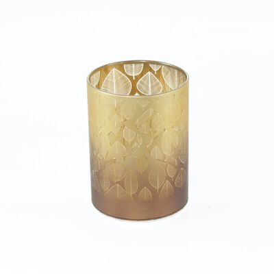 LED-Glaszylinder Blattdsgn., 9 x 9 x 12 cm, gold/braun, mit Timer 6/18 Std., geeignet für 3xAA, 781988