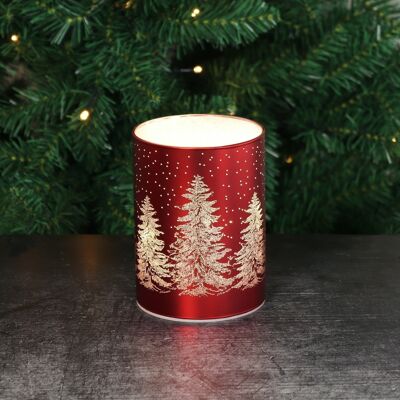 Cylindre en verre LED forêt d'hiver, 9 x 9 x 12 cm, rouge, avec minuterie 6/18 heures, convient pour 3xAA, 782022