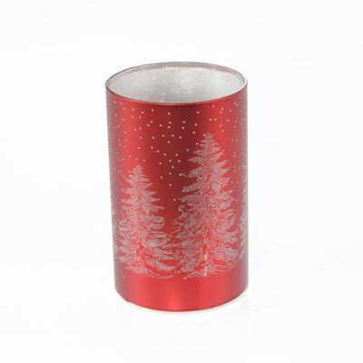 LED-Glaszylinder Winterwald, 9 x 9 x 14 cm, rot, mit Timer 6/18 Std., geeignet für 3xAA, 782039