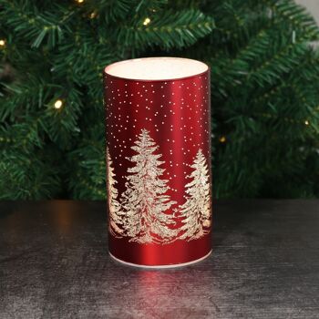 Cylindre en verre LED forêt d'hiver, 9 x 9 x 16 cm, rouge, avec minuterie 6/18 heures, convient pour 3xAA, 782046 1