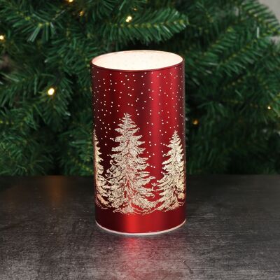 Cylindre en verre LED forêt d'hiver, 9 x 9 x 16 cm, rouge, avec minuterie 6/18 heures, convient pour 3xAA, 782046