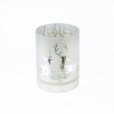 LED glass cylinder Reindeerd. , 9 x 9 x 12 cm, silver, with timer 6/18 hours, suitable for 3xAA, 782084