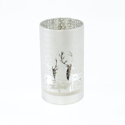 LED glass cylinder Reindeerd. , 9 x 9 x 16 cm, silver, with timer 6/18 hours, suitable for 3xAA, 782107