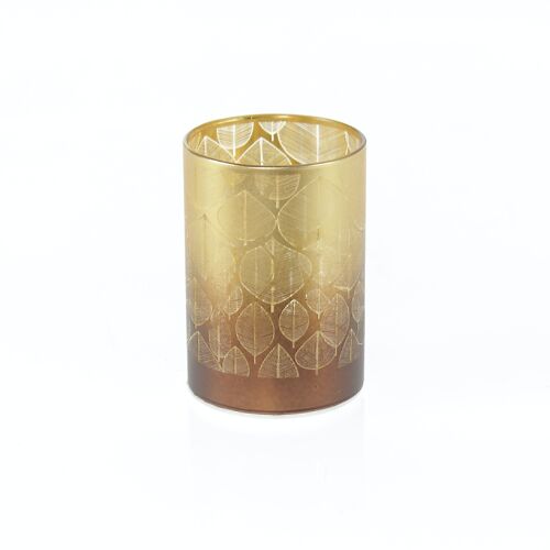 LED-Glaszylinder Blattdesign, 7 x 7 x 10 cm, gold/braun, Timer, geeignet für 3AAA, 792250