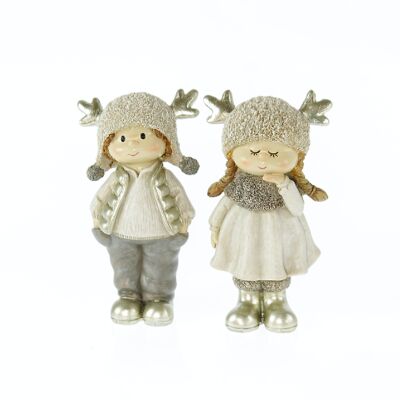 Poly winter child with hat, 2 assorted, 7 x 4 x 14 cm, white/grey, 786853