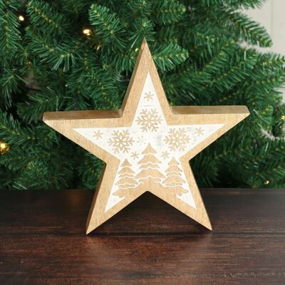 Estrella de madera bosque invernal grande, 24x4x24cm, natural/blanco, 795596