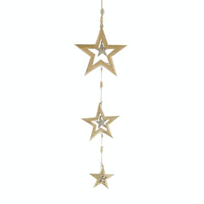 Wooden hanger, row of 3 stars, 20 x 2 x 69 cm, natural/silver, 795695