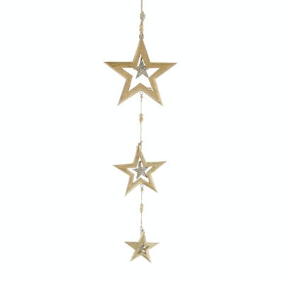 Percha de madera, fila de 3 estrellas, 20 x 2 x 69 cm, natural/plata, 795695