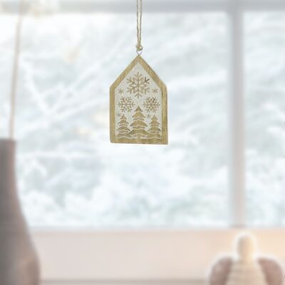 Wooden hanger house winter forest, 8 x 1 x 12.5 cm, natural/white, 795824