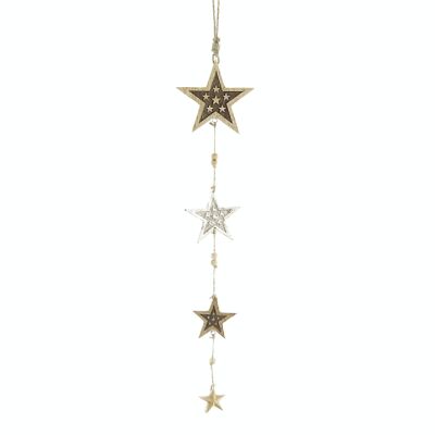 Wooden hanger chain with 4 stars, 13 x 1 x 68 cm, natural/silver, 795879