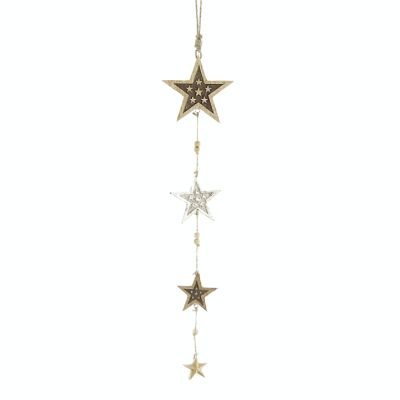 Cadena colgante de madera con 4 estrellas, 13 x 1 x 68 cm, natural/plata, 795879