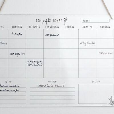 Monatsplaner A3 Acryl ohne Stift | Monatskalender | Wandplaner für den Monat abwischbar | Wandkalender undatiert | To Do Liste  | Acrylglas