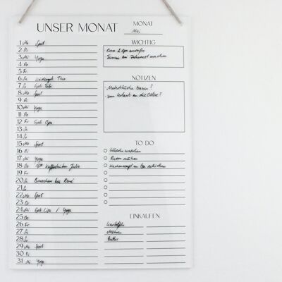 Monatsplaner A4 Acryl ohne Stift | Monatskalender | Wandplaner für den Monat abwischbar | Wandkalender undatiert | To Do Liste | Monatsplaner Acrylglas