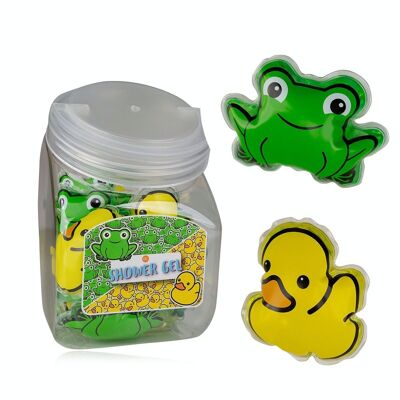 HAPPY ANIMALS mini shower gel, 2 assorted motifs: frog and duck, 24 pieces in a candy jar