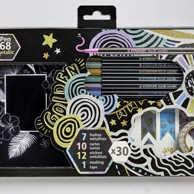 Feutres métallisés - Coffret créatif métallisé STABILO x 30 Pen 68 metallic 30 pièces : 7 STABILO Pen 68 metallic + 12 stickers + 10 cartes noires décorées + 1 masking tape métallisé