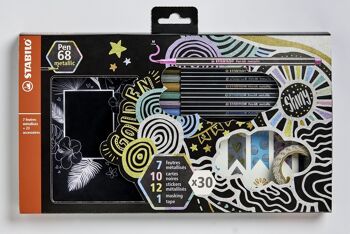 Feutres métallisés - Coffret créatif métallisé STABILO x 30 Pen 68 metallic 30 pièces : 7 STABILO Pen 68 metallic + 12 stickers + 10 cartes noires décorées + 1 masking tape métallisé 1