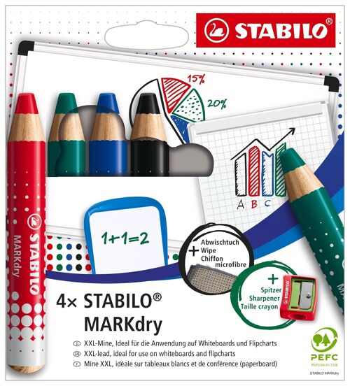 Crayons marqueur - Etui carton x 4 STABILO MARKdry + 1 taille-crayon + 1 chiffonnette - rouge + bleu + vert + noir