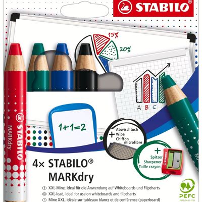 Crayons marqueur - Etui carton x 4 STABILO MARKdry + 1 taille-crayon + 1 chiffonnette - rouge + bleu + vert + noir