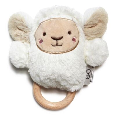 Sheep plush rattle with wooden teething ring - White