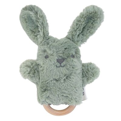 Rabbit plush rattle with wooden teething ring - Sage