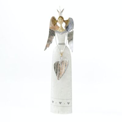Angelo in metallo con cuore, 14,5 x 5,5 x 43,5 cm, bianco/argento, 786815
