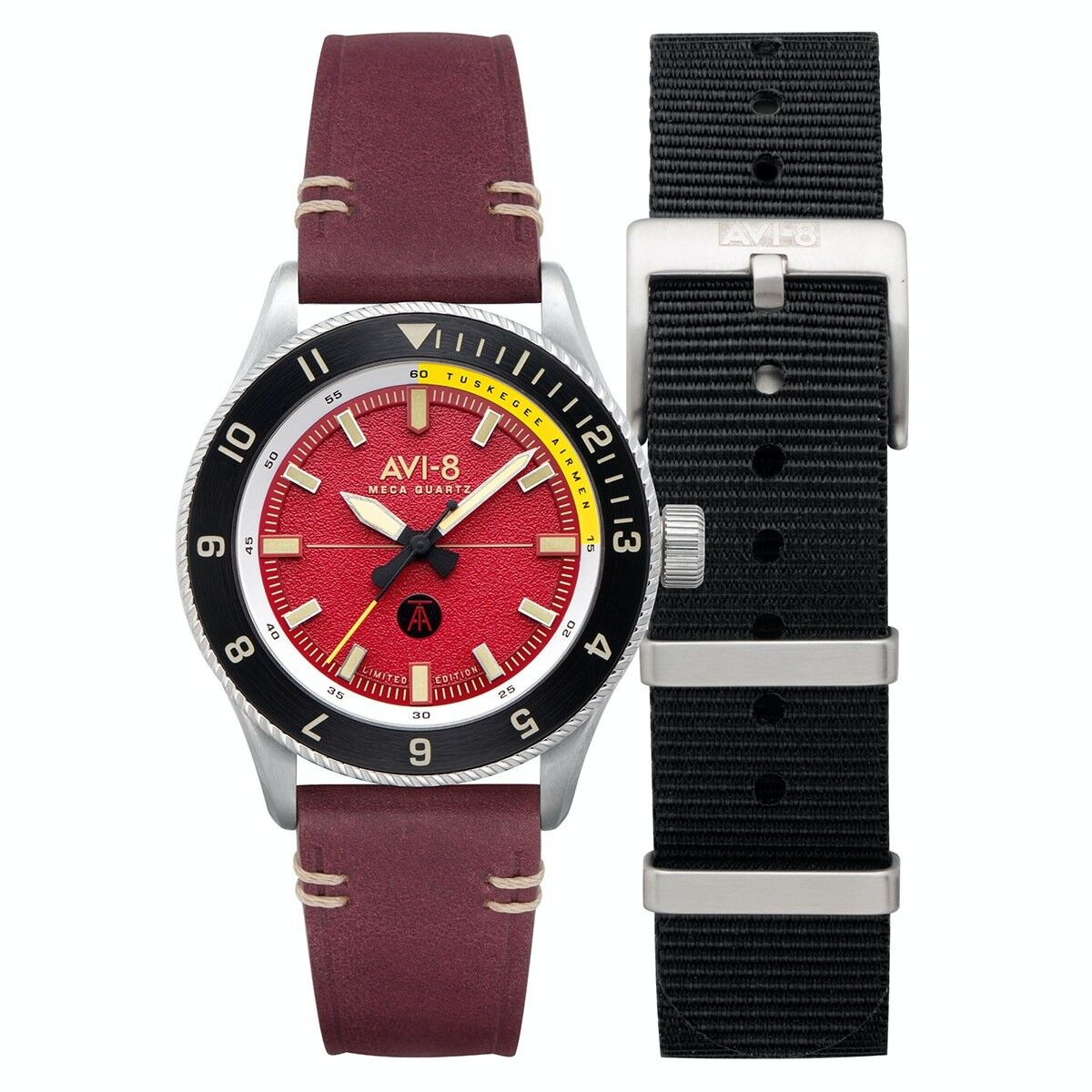 AV-4103-04 – Herrenuhr AVI-8 Quarz – Armband aus echtem Rindsleder + Nato – 3 Zeiger – Tuskegee