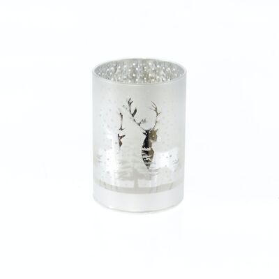 Cylindre en verre à LED design renne, 7 x 7 x 10 cm, argent, minuterie, convient pour 3AAA, 792298