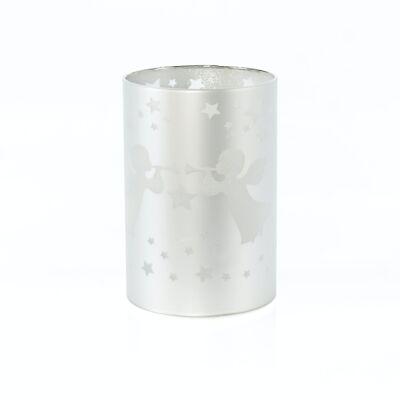 LED glass cylinder Trumpet angel, 10 x 10 x 15 cm, silver, with timer, suitable for 3AA, 793929