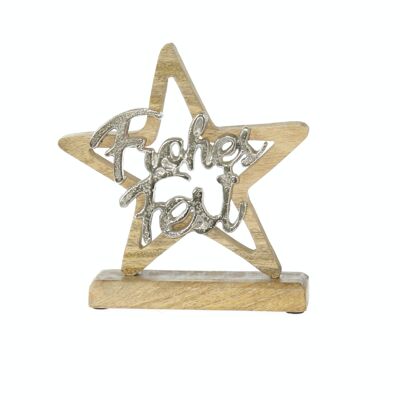 Wooden star with aluminum Happy Holidays, 20 x 5 x 23 cm, natural/silver, 796289