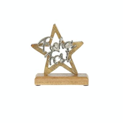 Wooden star with aluminum Happy Holidays, 15 x 5 x 18 cm, natural/silver, 796296
