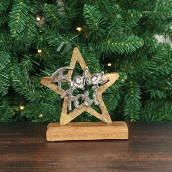 Étoile en bois avec aluminium Happy Holidays, 15 x 5 x 18 cm, naturel/argenté, 796296 2
