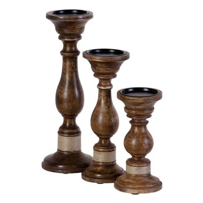 S/3 BROWN WOODEN CANDLE HOLDER AUTUMN CL606346