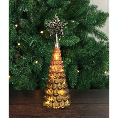 Glass fir tree with star LED, 8 x 8 x 28 cm, brown, including 3x AG13, 790058