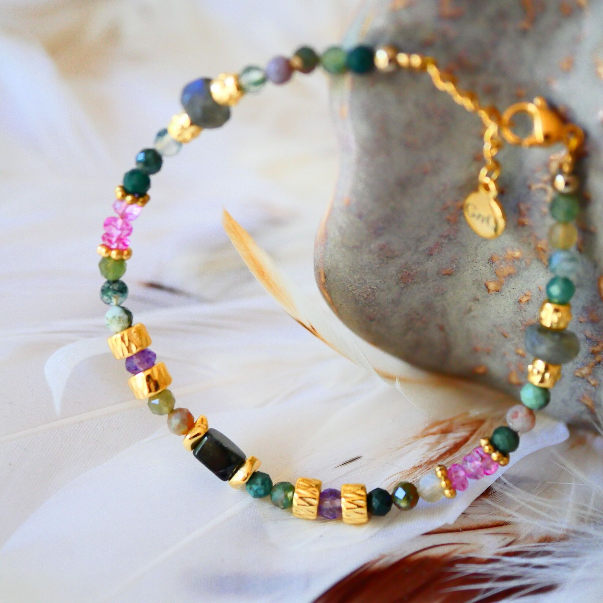 Bracciale in agata indiana, tormalina nera, ametista - Svati