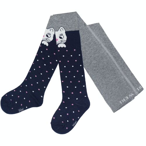 Cotton Tights for Children with Friendly Cat >>Navy and Mottled Gray<<