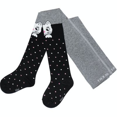 Cotton Tights for Children with Friendly Cat >>Black and Mottled Gray<<