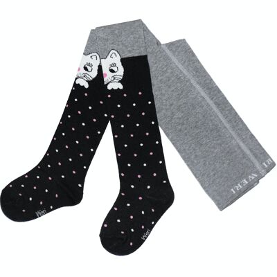 Collant in cotone per bambini con simpatico gatto >>Nero e grigio mélange<< morbido cotone