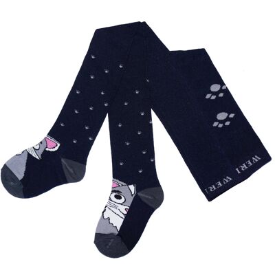 Collants en coton pour enfants avec chat rigolo >>Bleu Marine<< coton doux