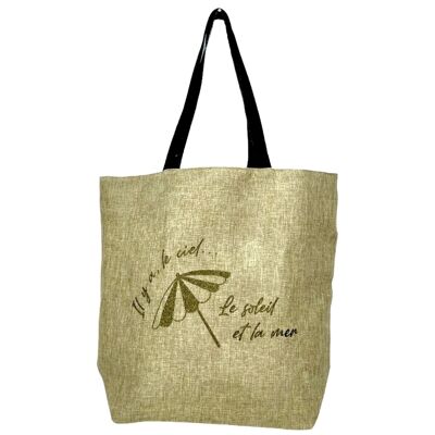 M beach tote bag, "There is the sky... the sun and the sea" shimmering jute
