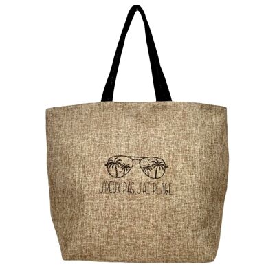 Beach tote bag L, "I can't have the beach" shimmering jute