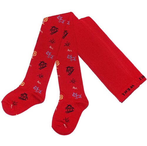 Cotton Tights for Children with Friendly Cat >>Rubin Red<< soft cotton