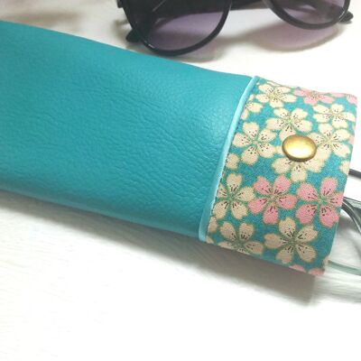 Semi-rigid glasses case in turquoise blue imitation leather and Japanese cotton