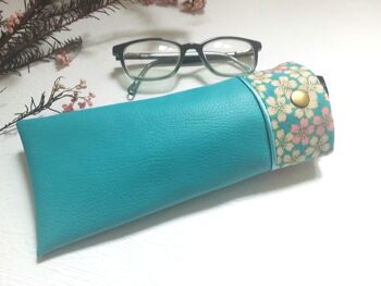 Étui à lunettes semi rigide en simili cuir bleu turquoise et coton japonais 4