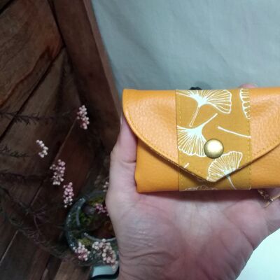 Mini portefeuille porte-monnaie origami safran et feuilles de gingko