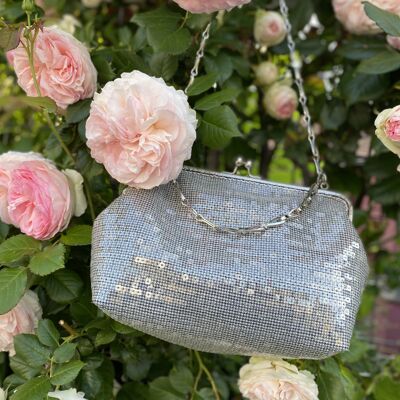 ROXY retro style sequin bag - silver strap, worn on the shoulder.