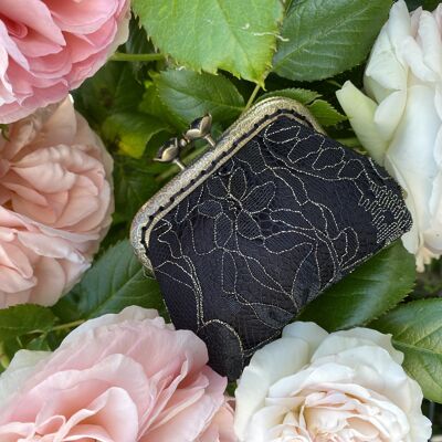 Small BELLUCI coin purse in black lace decorated with gold thread - retro style